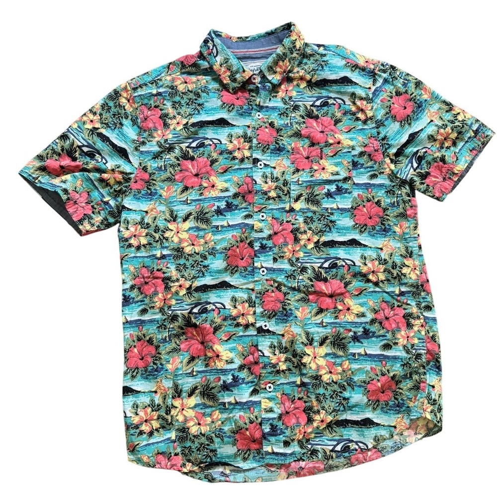 Flag & Anthem Floral Button Up Short Sleeve Hawaiian Shirt‎ Men's M